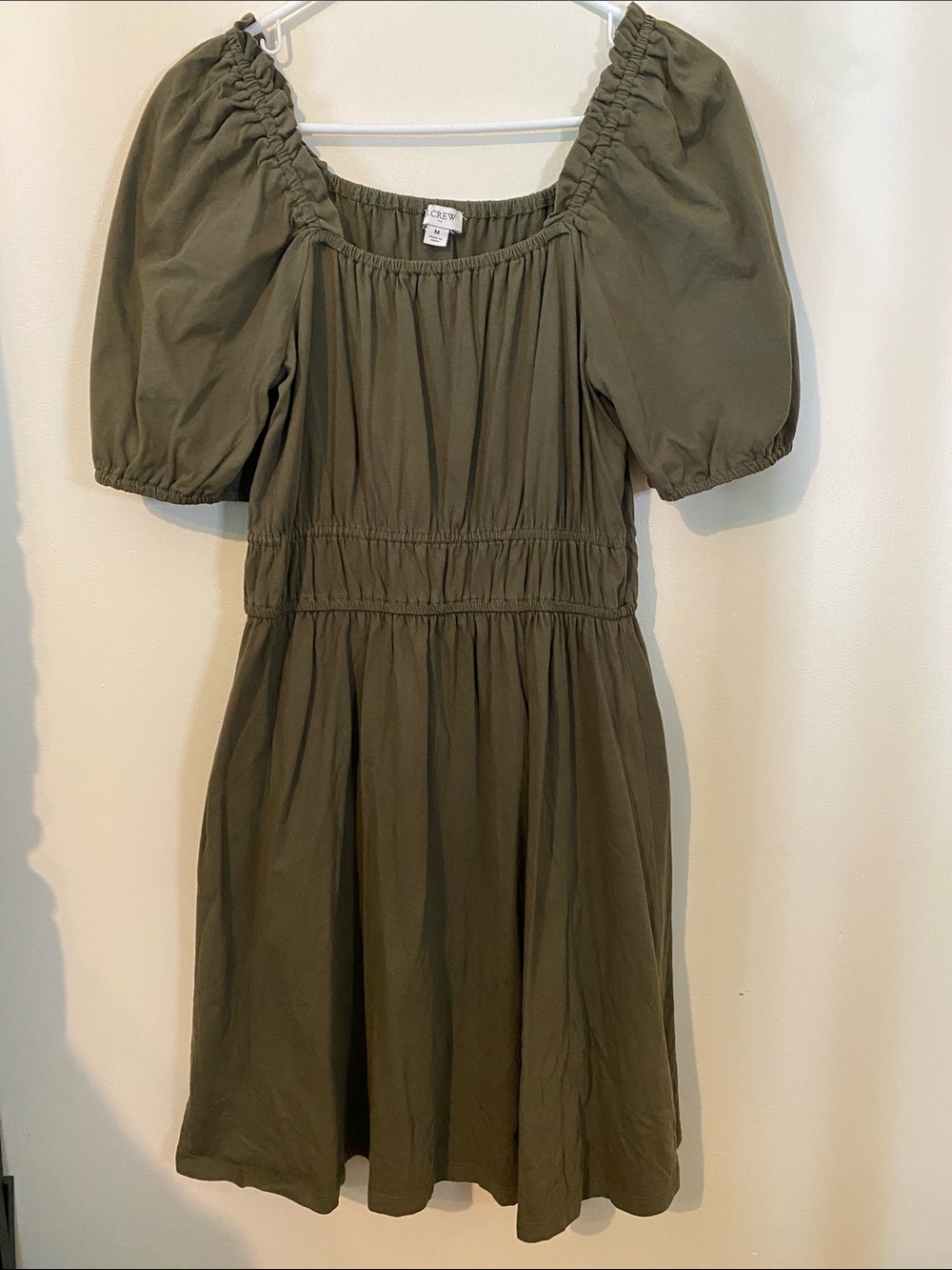 J. Crew Olive Green Puff Sleeve Square Neck Dress